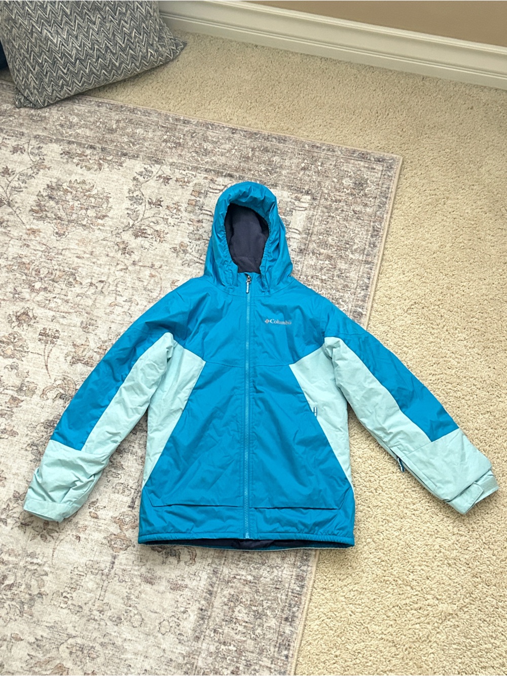 Girls' Teal & Aqua Colorblock Rain Jacket • Hooded Lightweight Waterproof